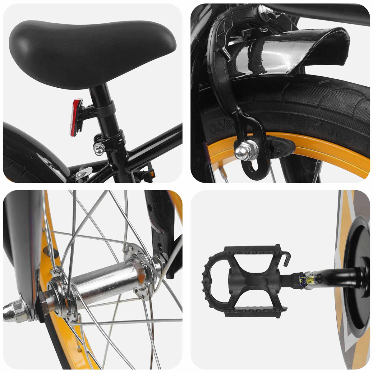 Details eines Fahrrads: Sitz, Bremse, Radnabe und Pedal.