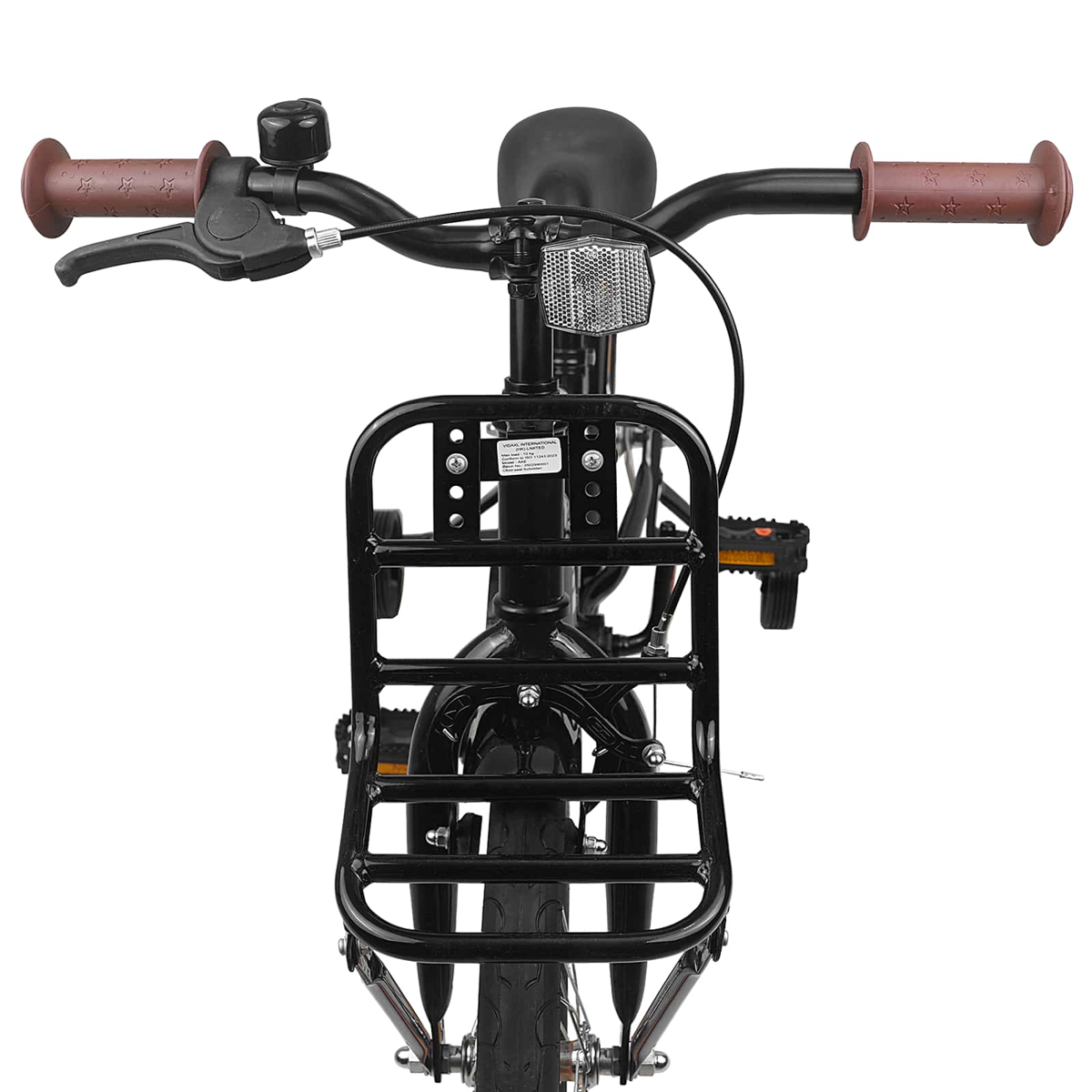 Schwarzes Fahrrad mit Vorderradkorb, braunen Griffen und Klingel.