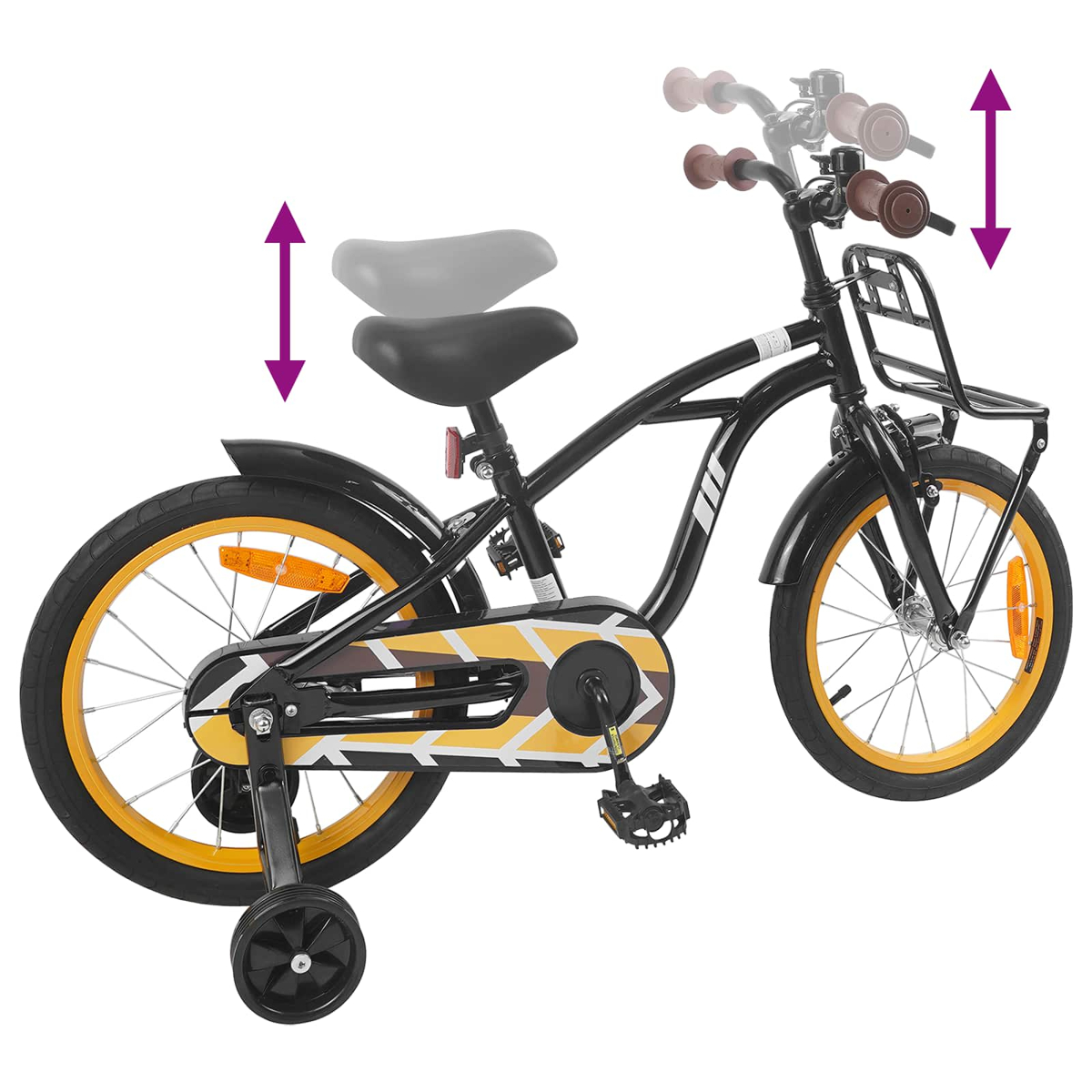 Ein schwarzes Kinderfahrrad mit Stützrädern, gelben Felgen und einem vorderen Korb.