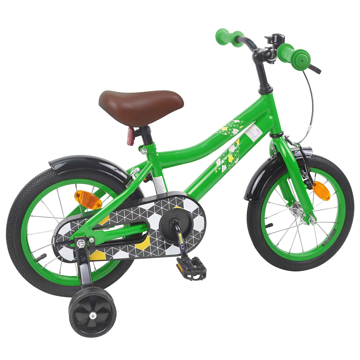 Grünes Kinderfahrrad mit braunem Sattel und Stützrädern.