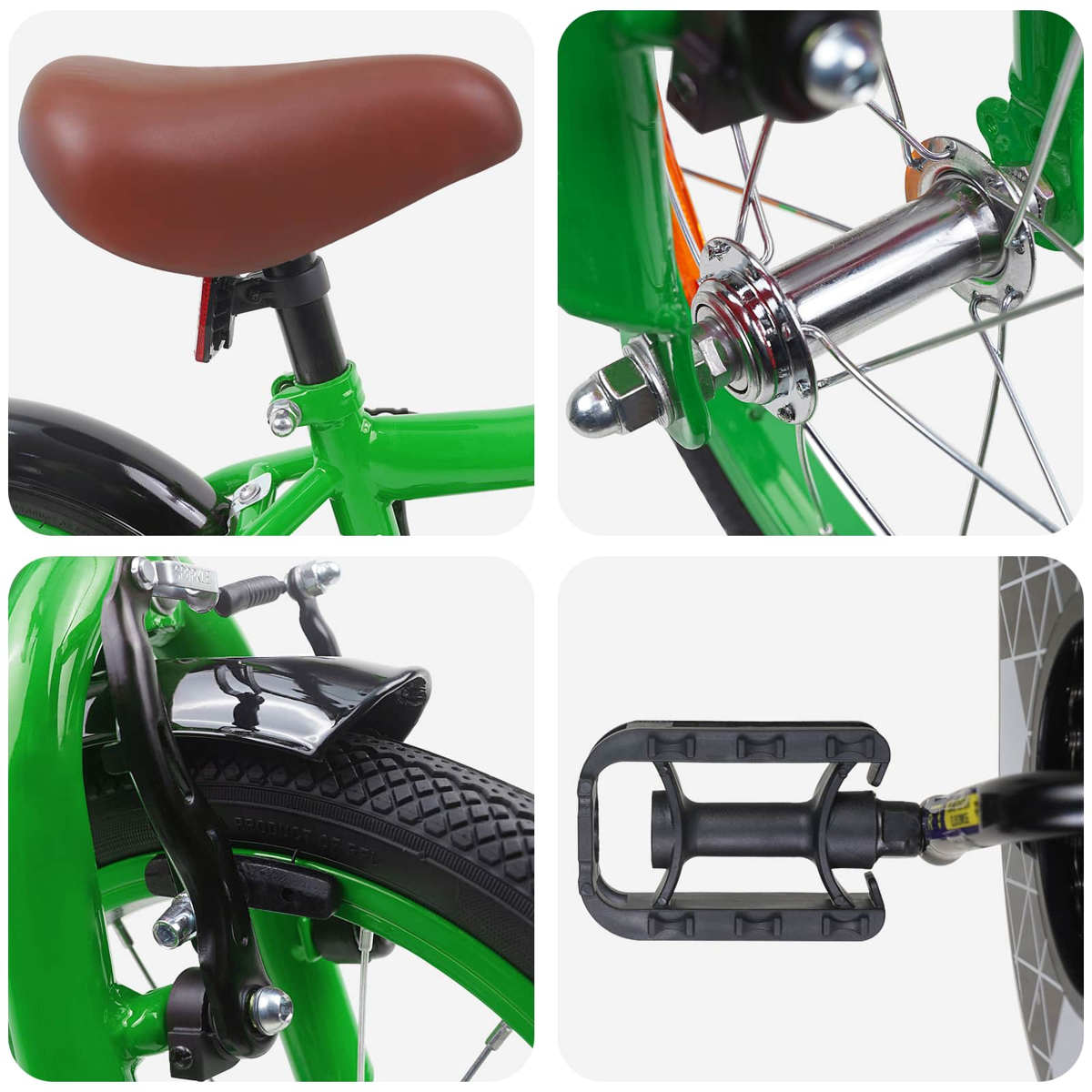 Collage eines grünen Fahrrads: Sattel, Vorderradnabe, Vorderradbremse und Pedal.