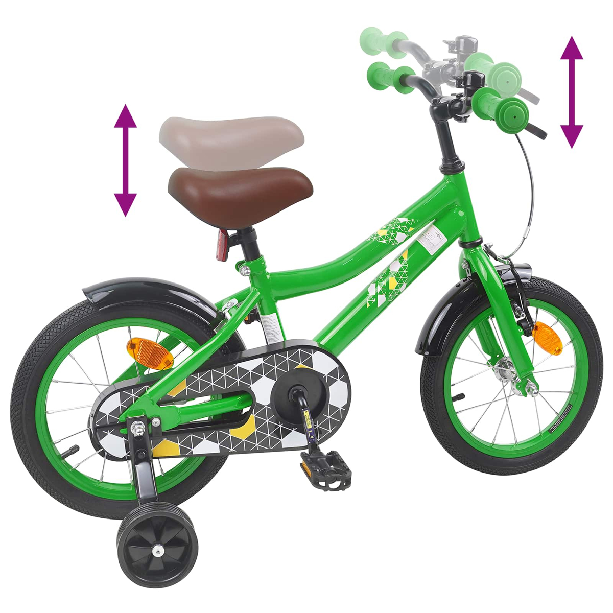 Grünes Kinderfahrrad mit Stützrädern. Sattel und Lenker sind verstellbar.