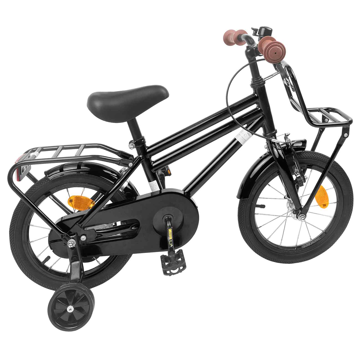 Schwarzes Kinderfahrrad mit Stützrädern, Gepäckträger und vorderem Korb.