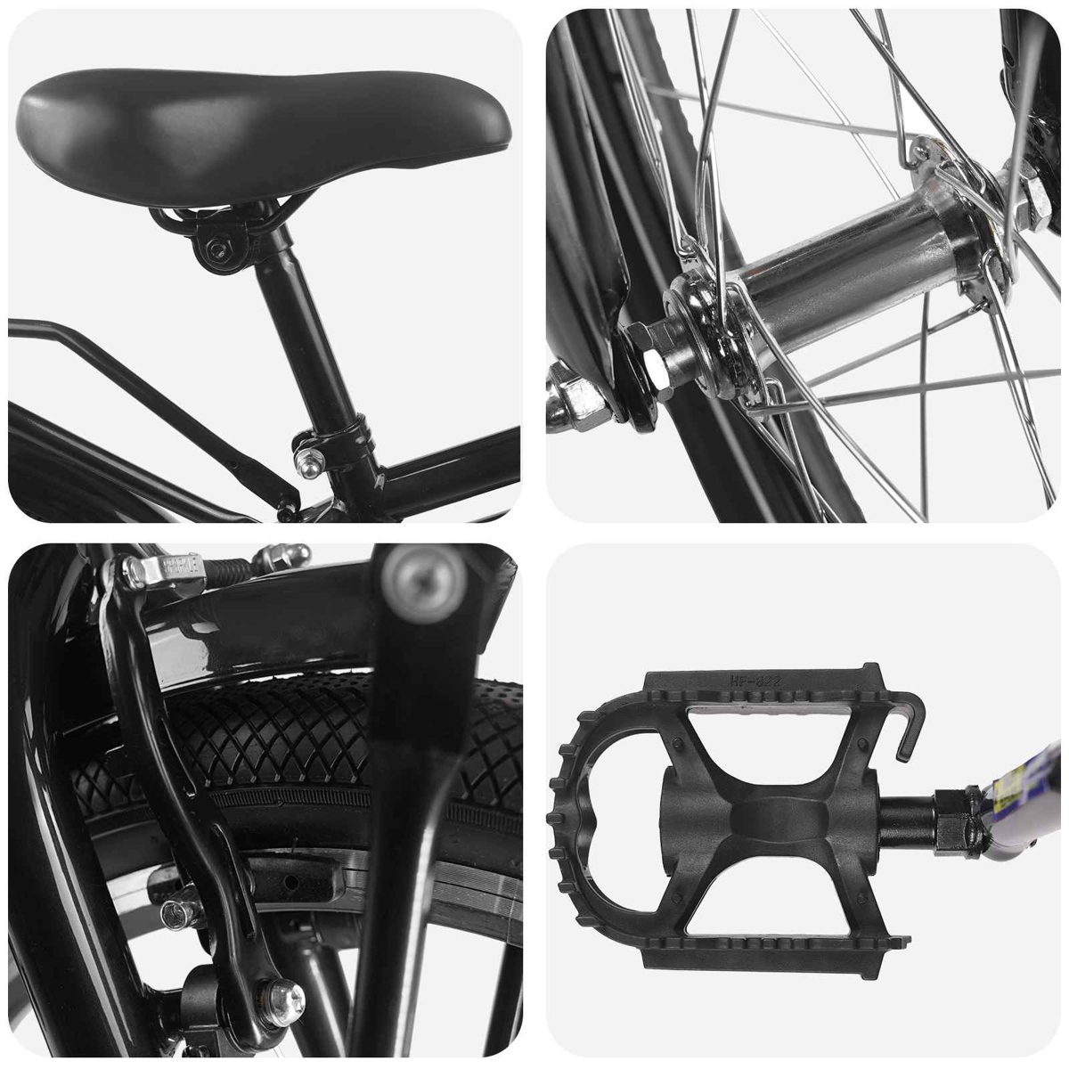 Nahaufnahme eines Fahrrads mit Sattel, Radnabe, Bremse und Pedal.