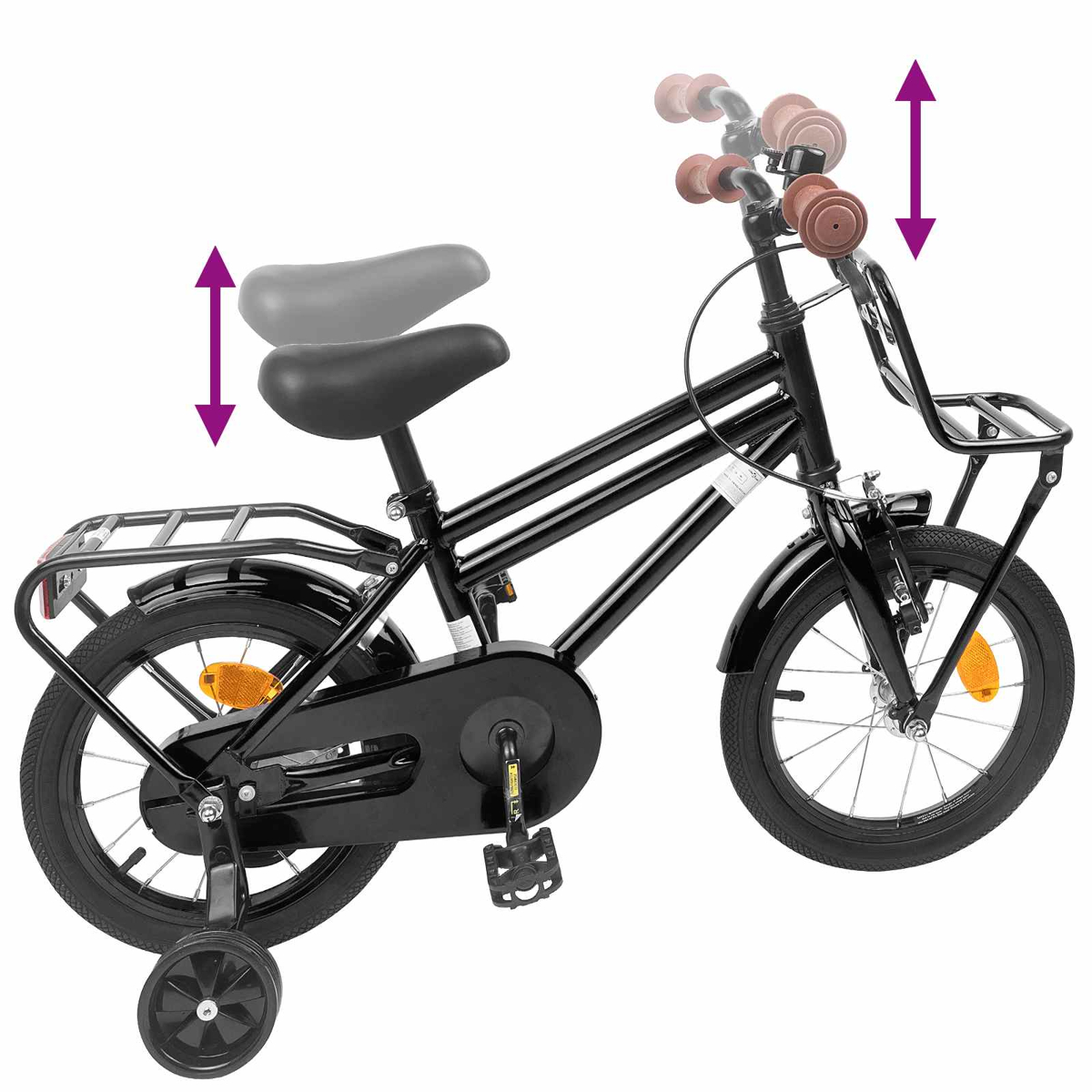 Schwarzes Kinderfahrrad mit Stützrädern, Gepäckträger und Korb. Sitz und Lenker verstellbar.