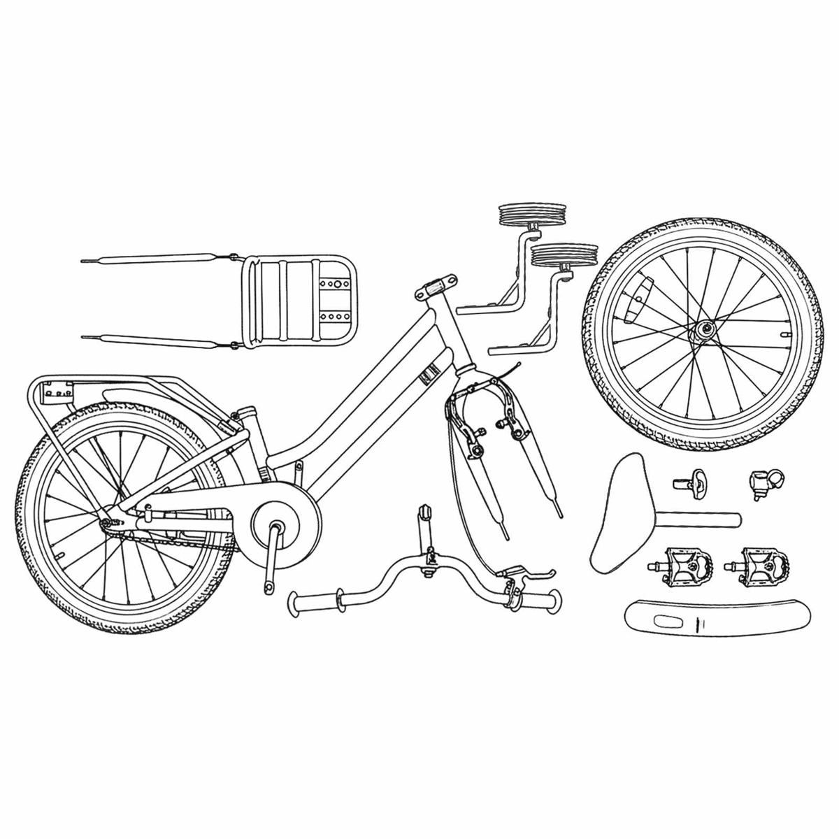 Zeichnung eines Fahrrads mit ausgebreiteten Teilen. Enthält Rahmen, Räder, Sitz, Lenker, Pedale und Gepäckträger.