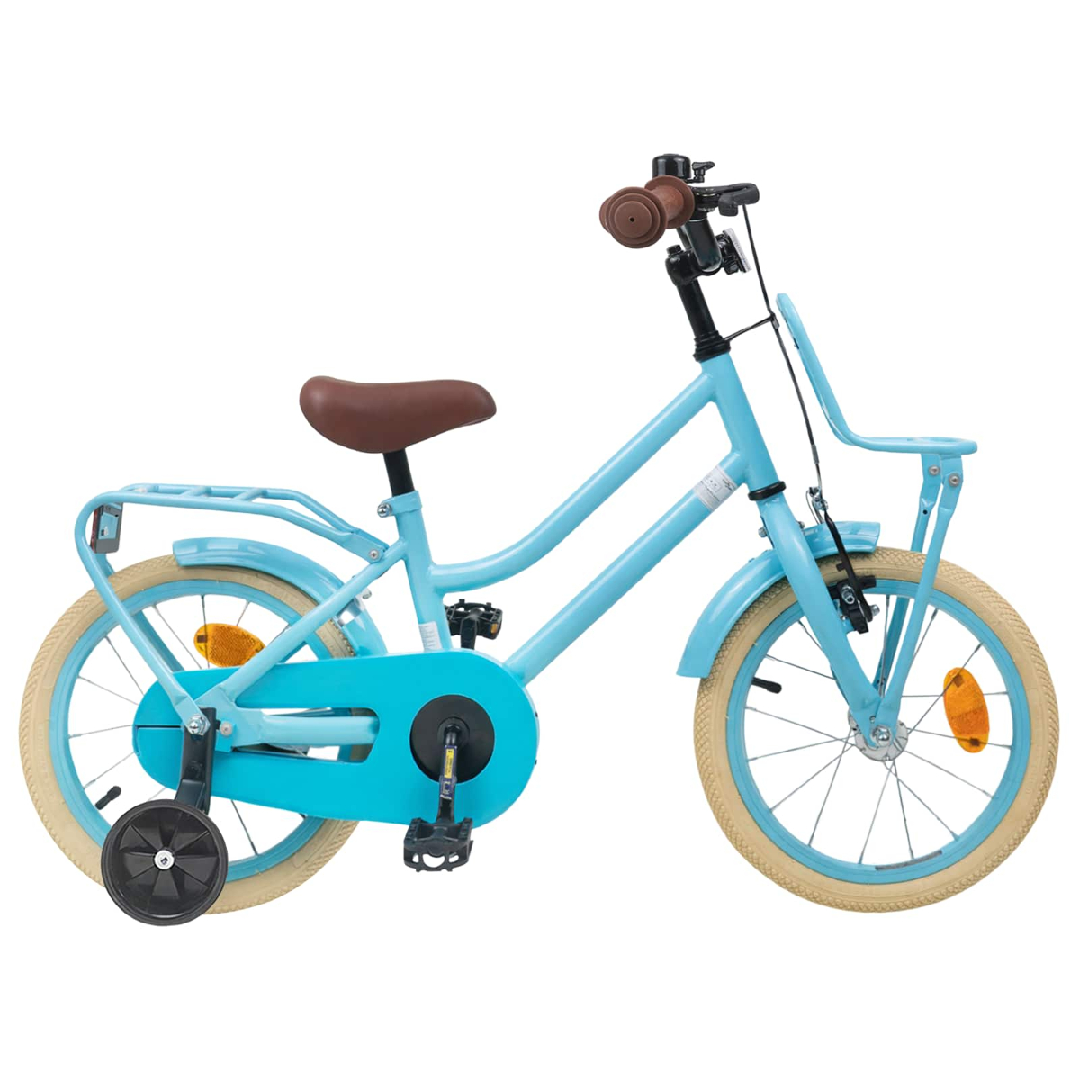 Ein hellblaues Kinderfahrrad mit Stützrädern, braunem Sattel und Lenker.