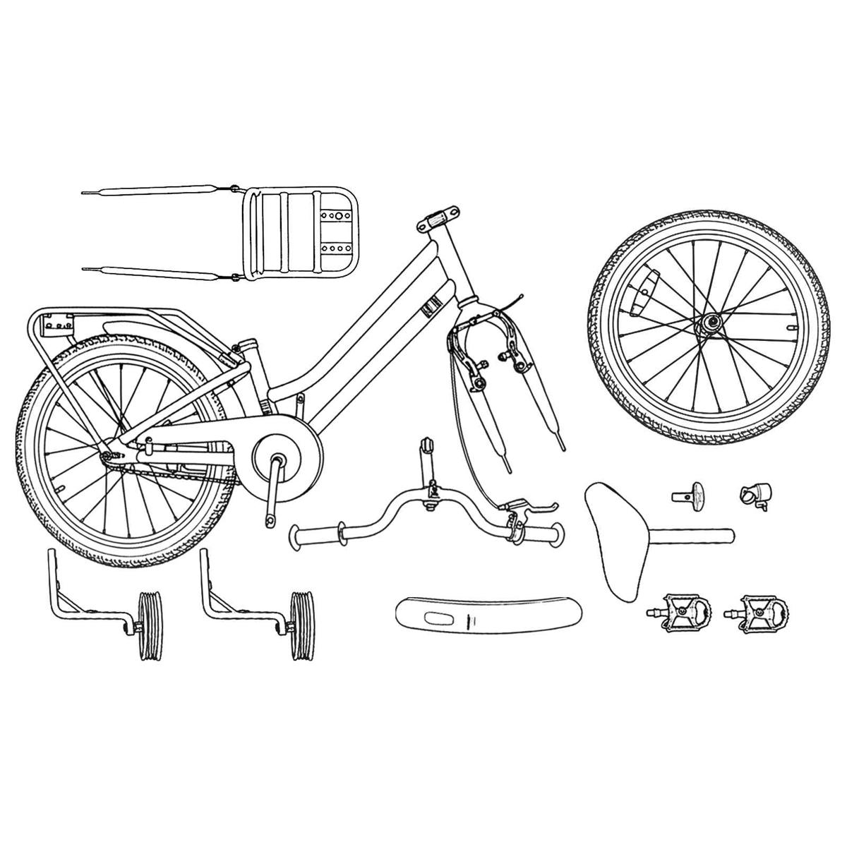 Eine schematische Darstellung von Fahrradteilen: Rahmen, Räder, Lenker, Sattel, Pedale und Stützräder.