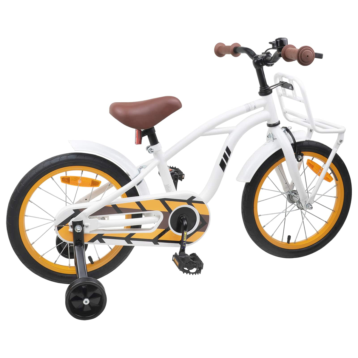 Ein weißes Kinderfahrrad mit braunem Sattel, braunen Griffen und gelben Felgen.