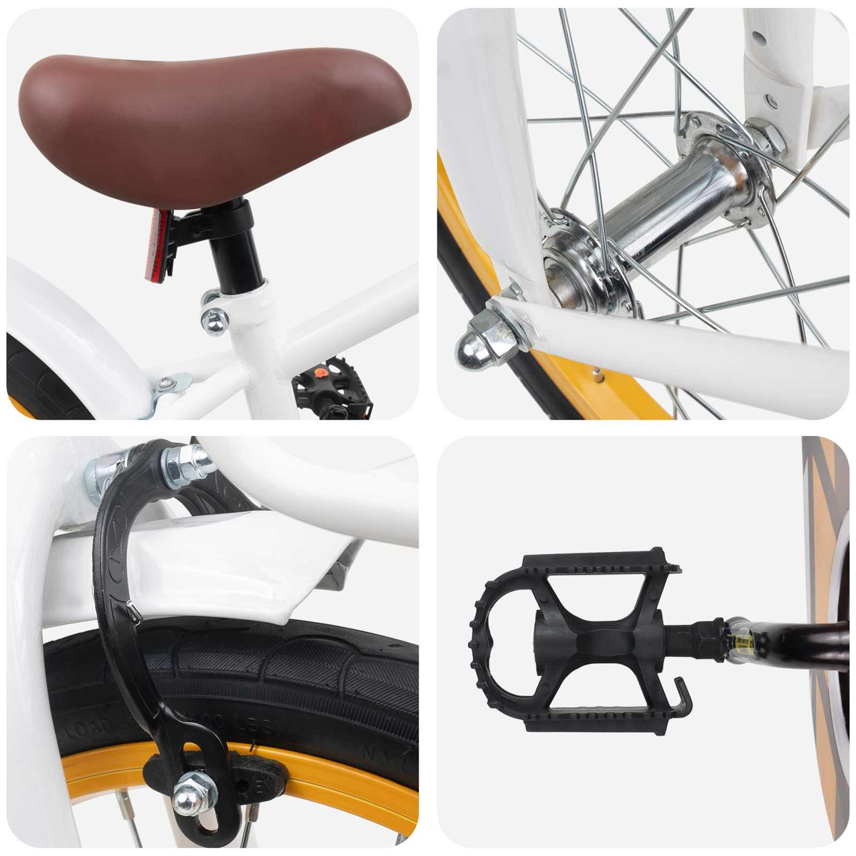 Nahaufnahme eines weißen Fahrrads mit braunem Sattel, Rad und Pedal.