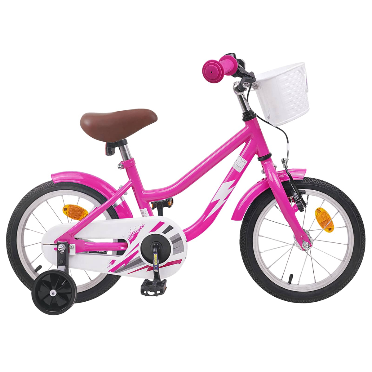 Ein pinkes Kinderfahrrad mit Stützrädern und weißem Korb.