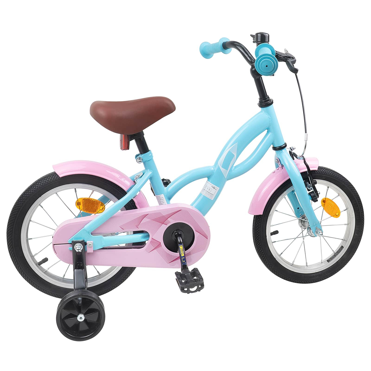 Ein blaues Kinderfahrrad mit rosa Kotflügeln, braunem Sattel und Stützrädern.