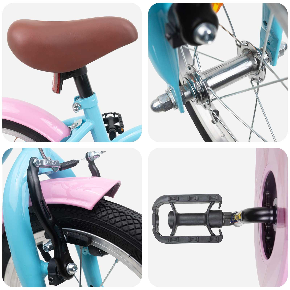 Details einer blauen und rosa Kinderfahrrads: Sattel, Radnabe, Bremse und Pedal.