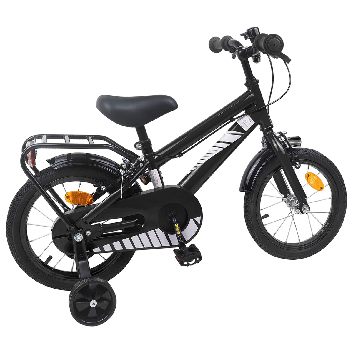 Ein schwarzes Kinderfahrrad mit Stützrädern und Gepäckträger.