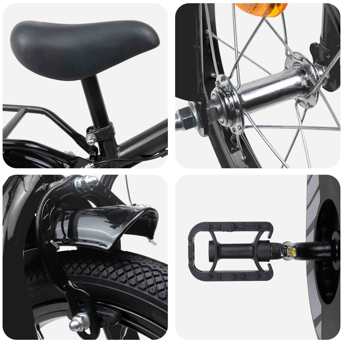 Nahaufnahme-Collage eines schwarzen Fahrrads: Sattel, Vorderradnabe, Bremse und Pedal.