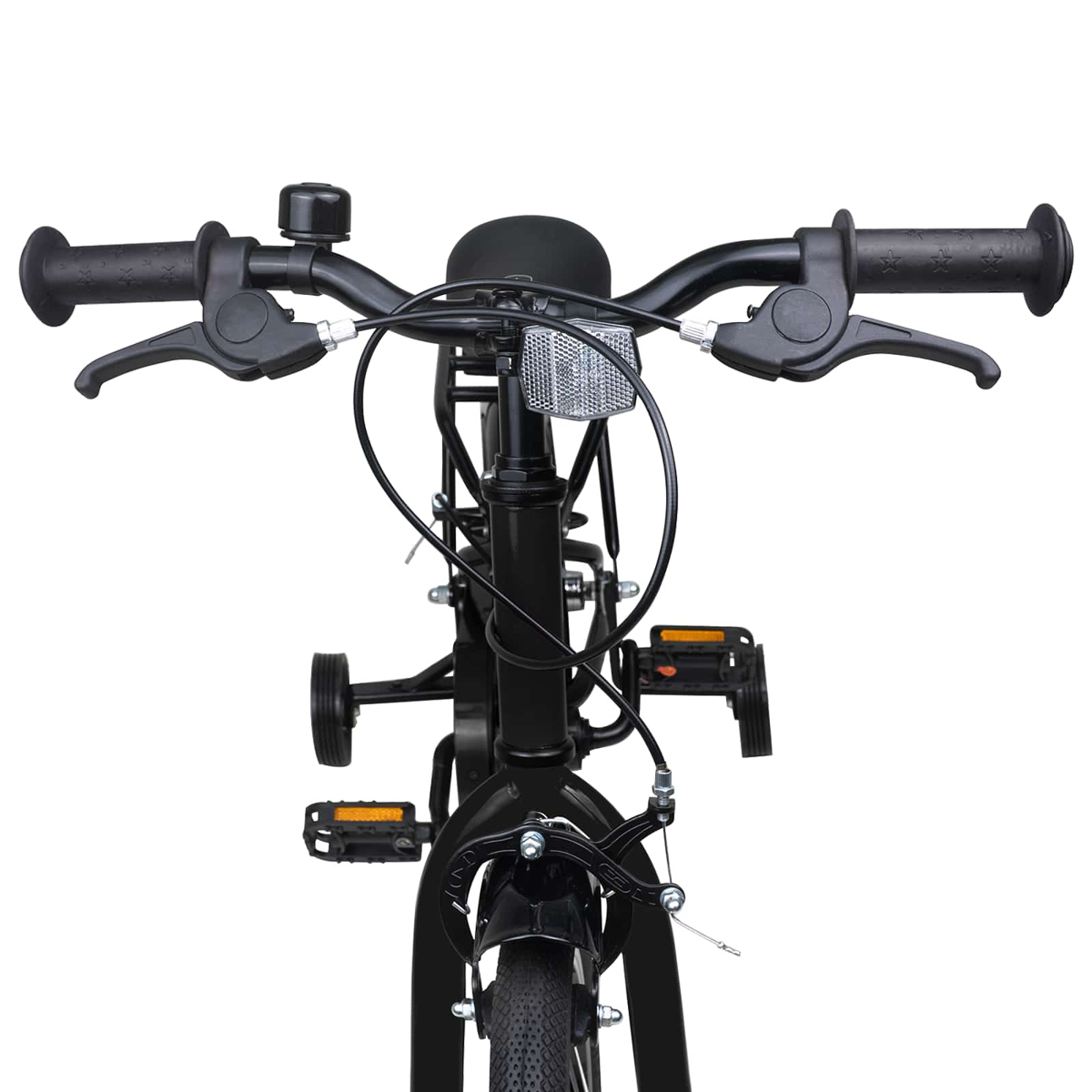 Vorderansicht eines schwarzen Kinderfahrrads mit Stützrädern, Lenker, Bremsen und Pedalen.