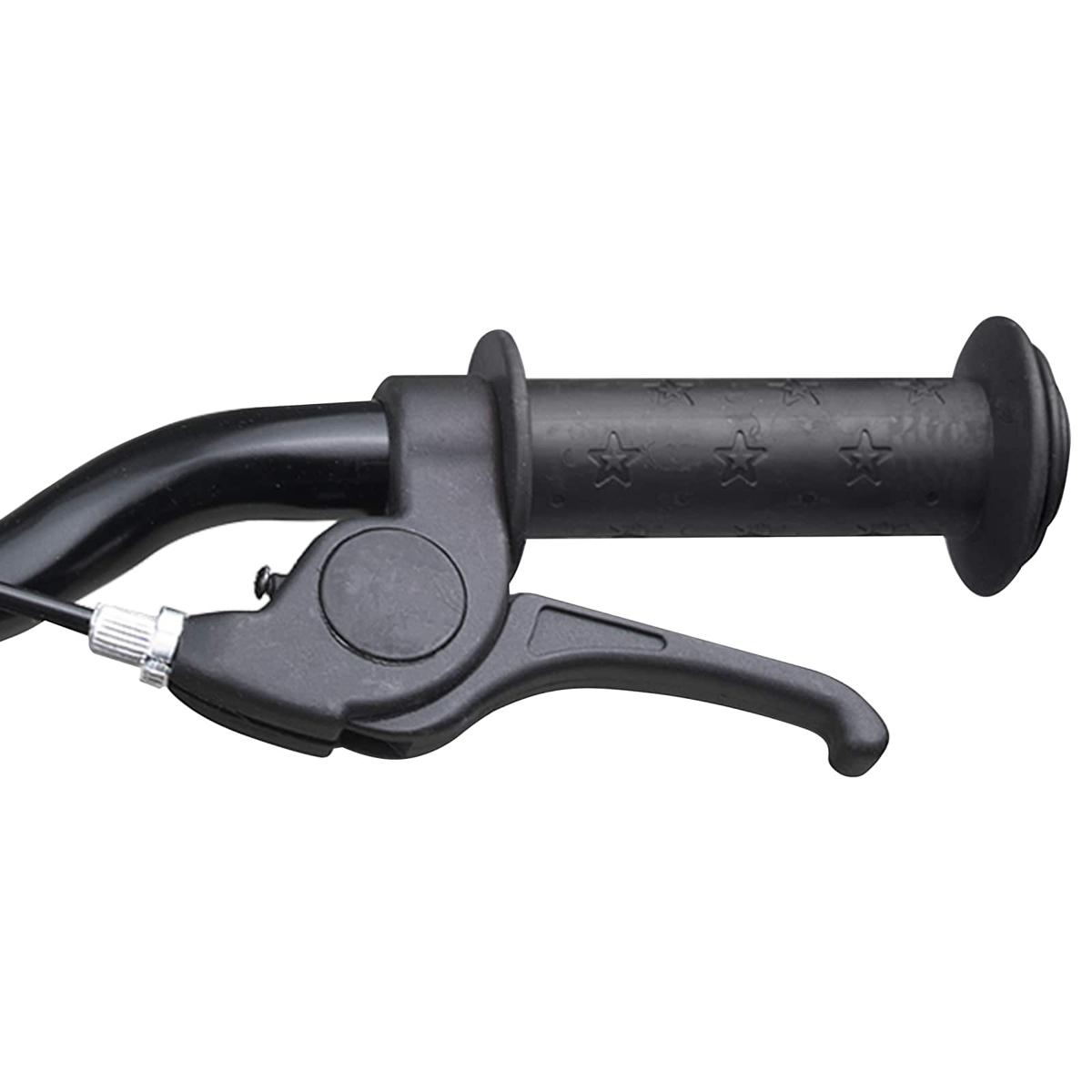 Schwarzer Fahrradgriff mit Sternenmuster und Bremshebel.