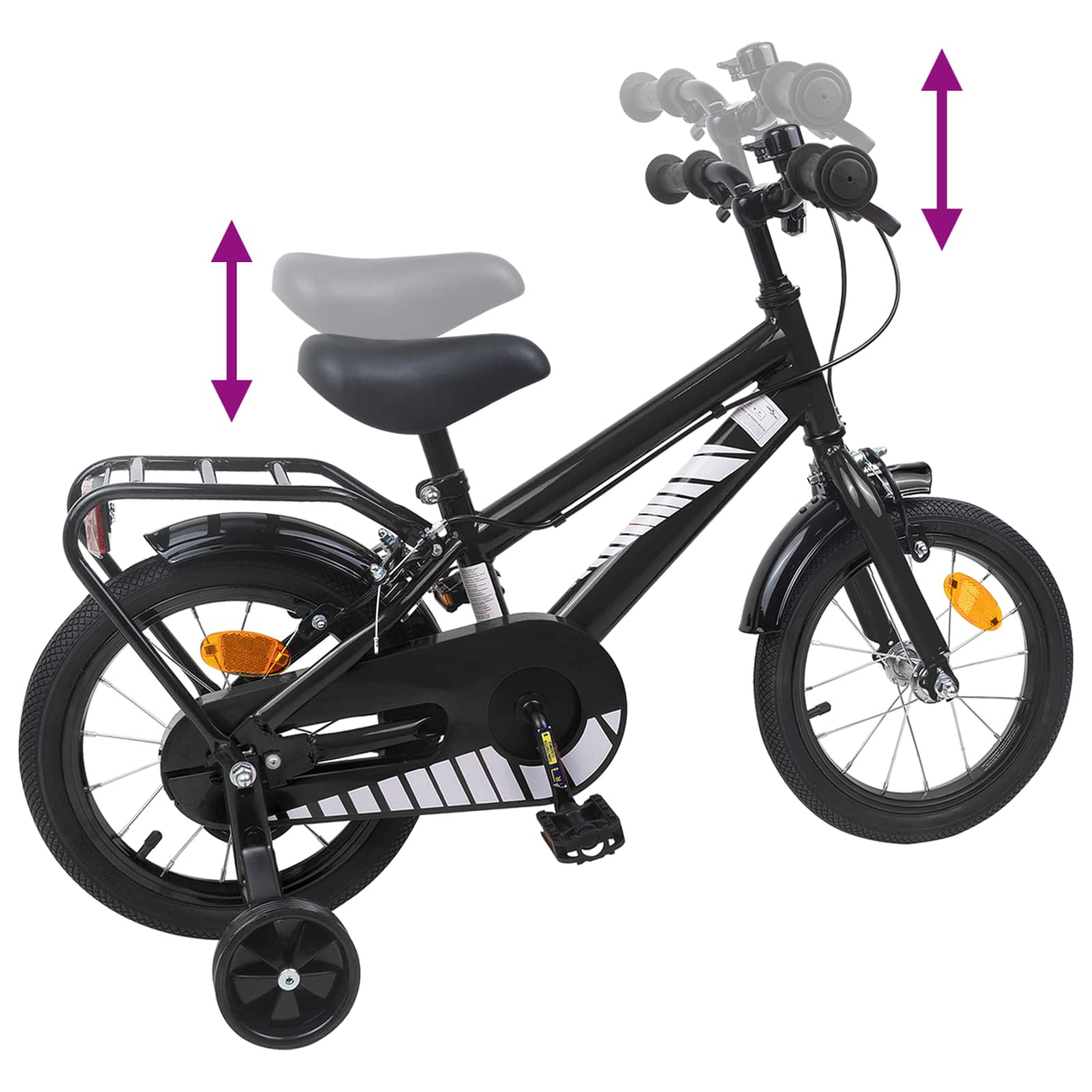 Ein schwarzes Kinderfahrrad mit Stützrädern, Gepäckträger und verstellbarem Sattel/Lenker.