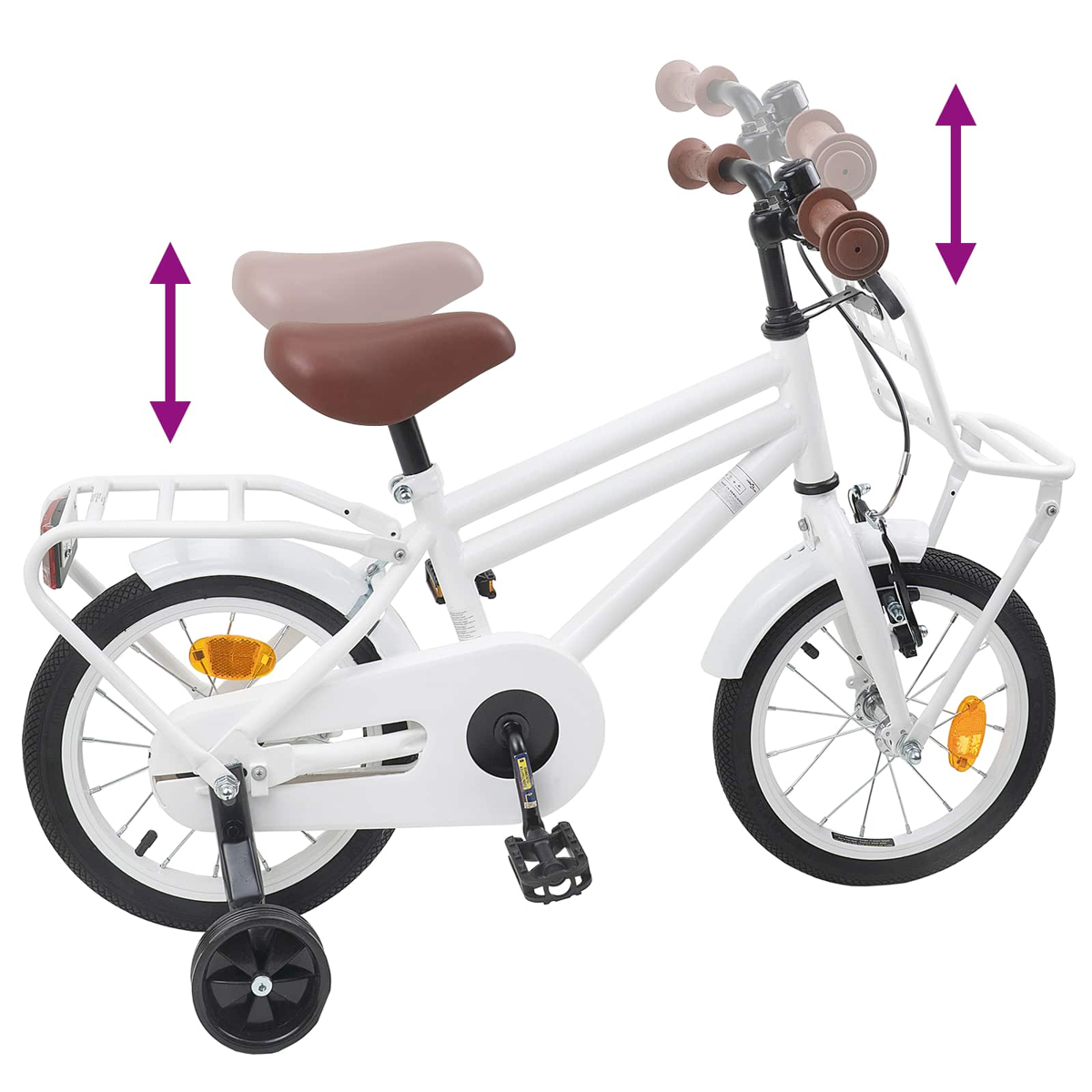 Ein weißes Kinderfahrrad mit Stützrädern und Gepäckträger.