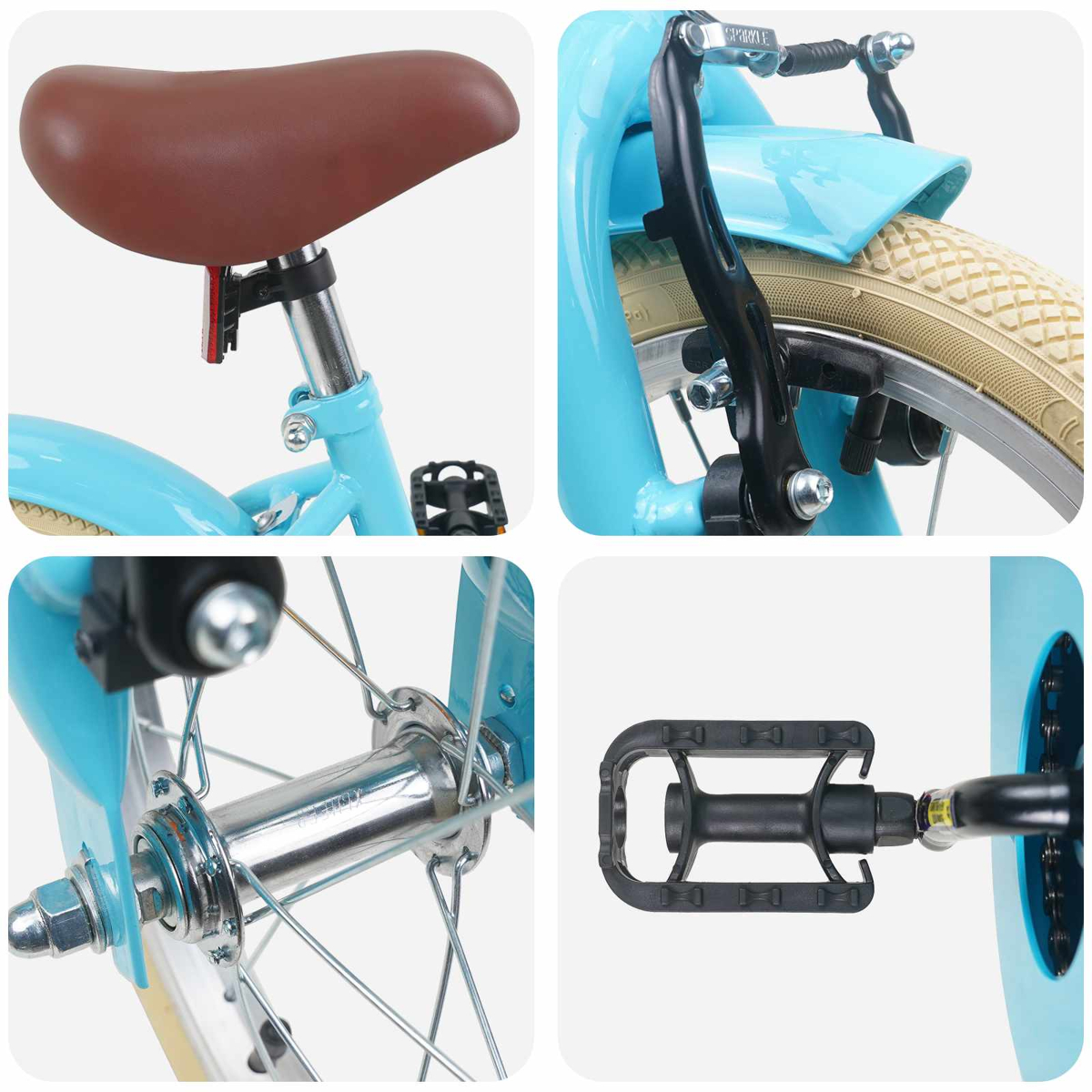 Vier Nahaufnahmen eines blauen Kinderfahrrads: Sattel, Bremse, Vorderradnabe und Pedal.