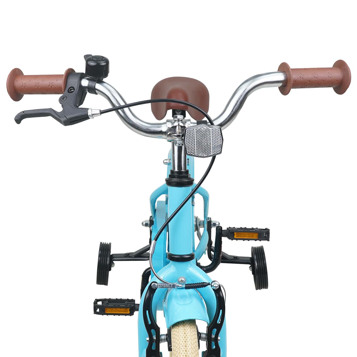 Hellblaue Fahrradlenker mit braunen Griffen, Klingel und Bremshebel. Stützräder sichtbar.