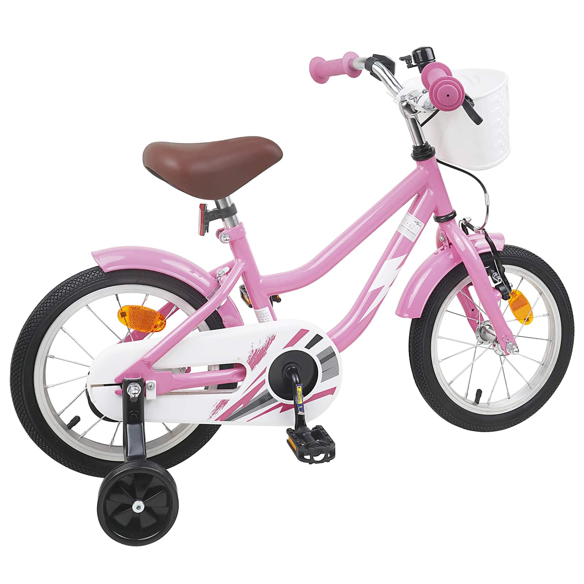 Ein pinkes Kinderfahrrad mit Stützrädern und einem weißen Korb.