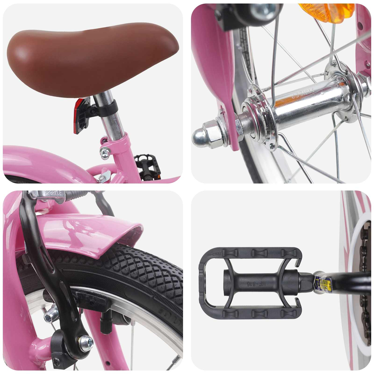 Ein rosa Kinderfahrrad mit braunem Sattel, Vorderradnabe, Bremse und Pedal.