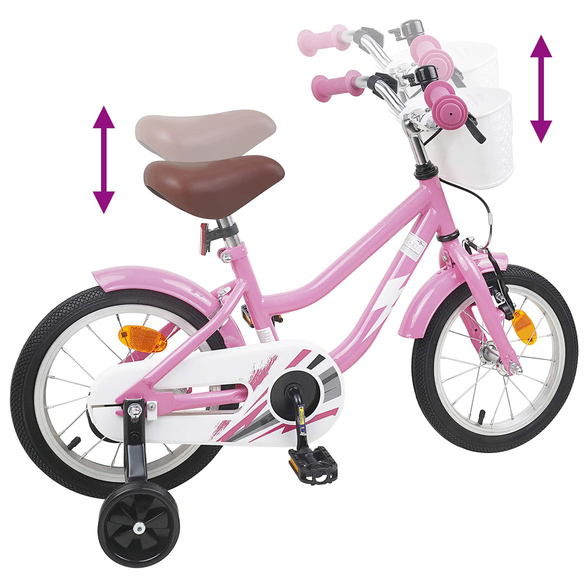 Ein rosafarbenes Kinderfahrrad mit Stützrädern, weißem Korb und verstellbarer Sitzhöhe.