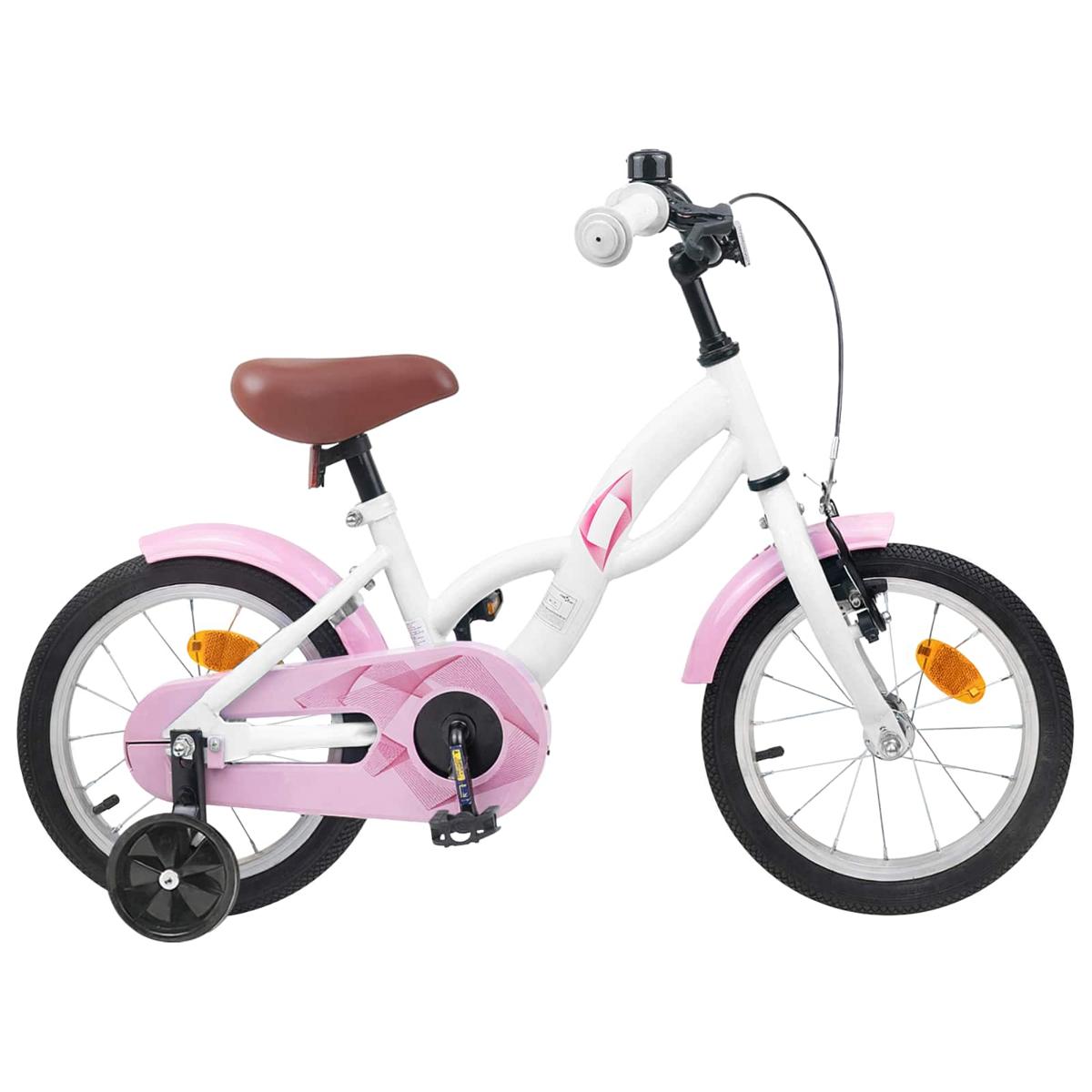 Ein weißes Kinderfahrrad mit rosa Akzenten und Stützrädern.