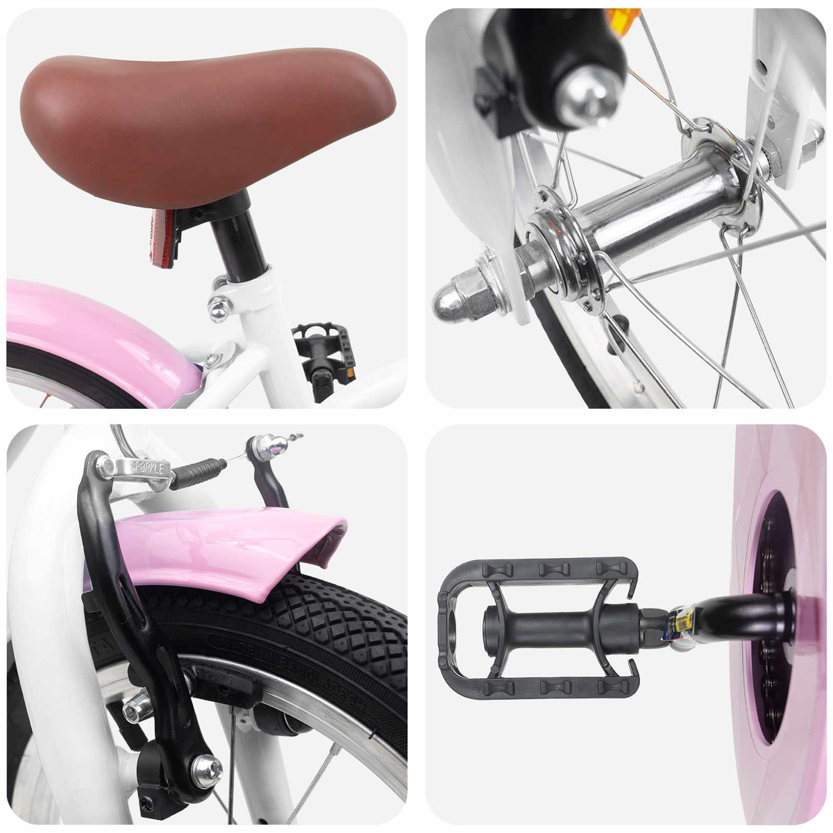 Nahaufnahme von Fahrradteilen: brauner Sattel, Vorderradnabe, Bremse und Pedal.