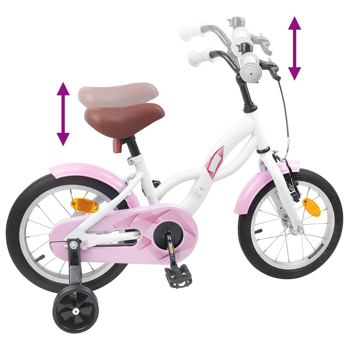 Ein weißes Kinderfahrrad mit rosa Akzenten und Stützrädern.