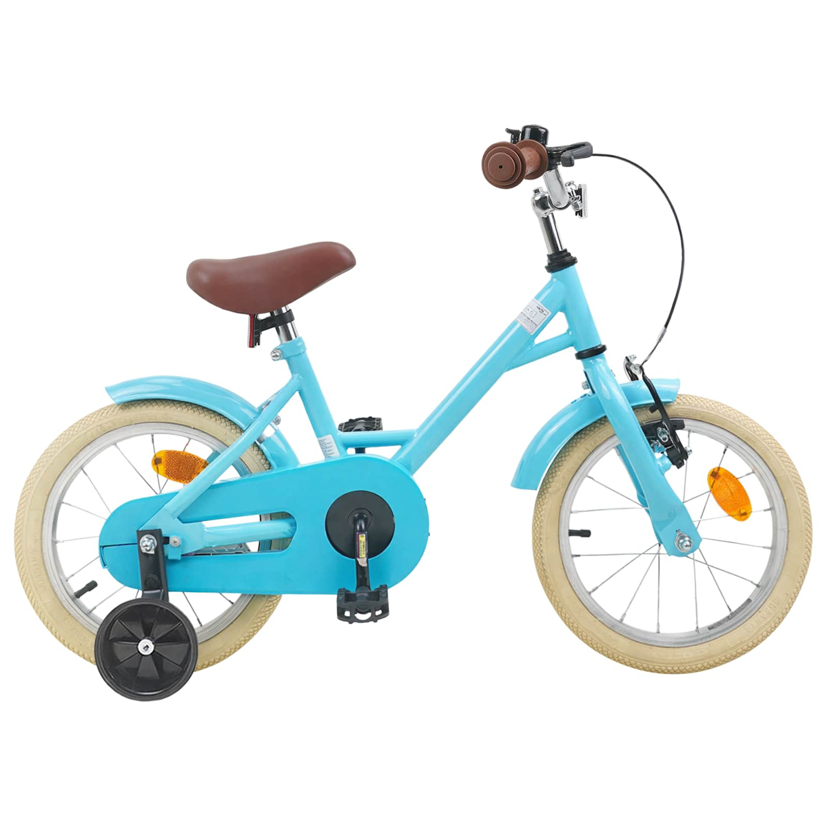 Ein hellblaues Kinderfahrrad mit braunem Sattel und Stützrädern.