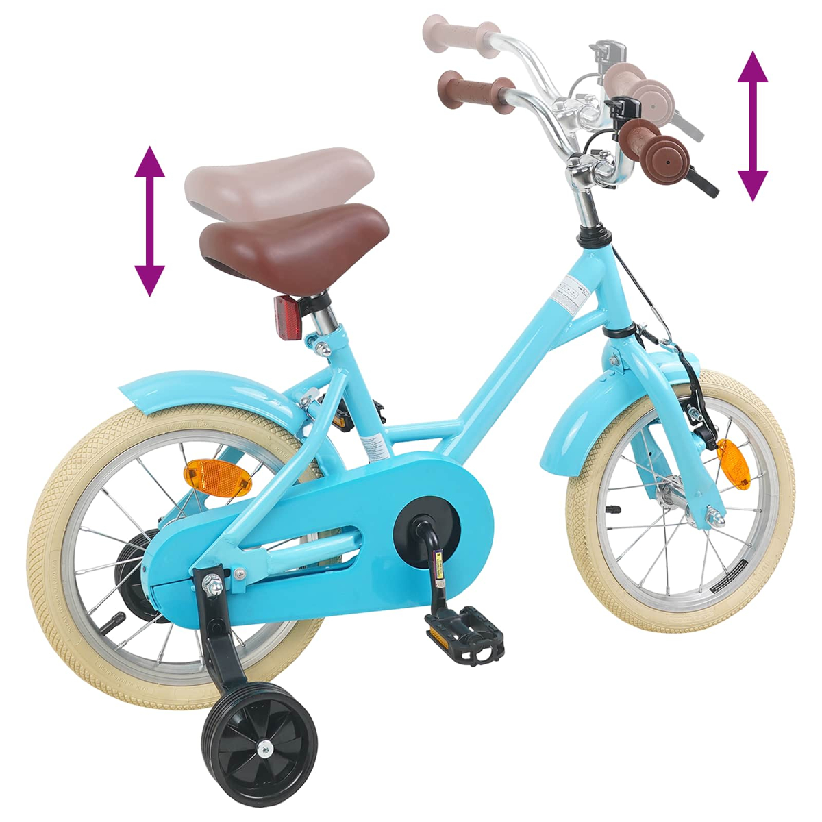 Ein hellblaues Kinderfahrrad mit Stützrädern, verstellbarem Sitz und Lenker.