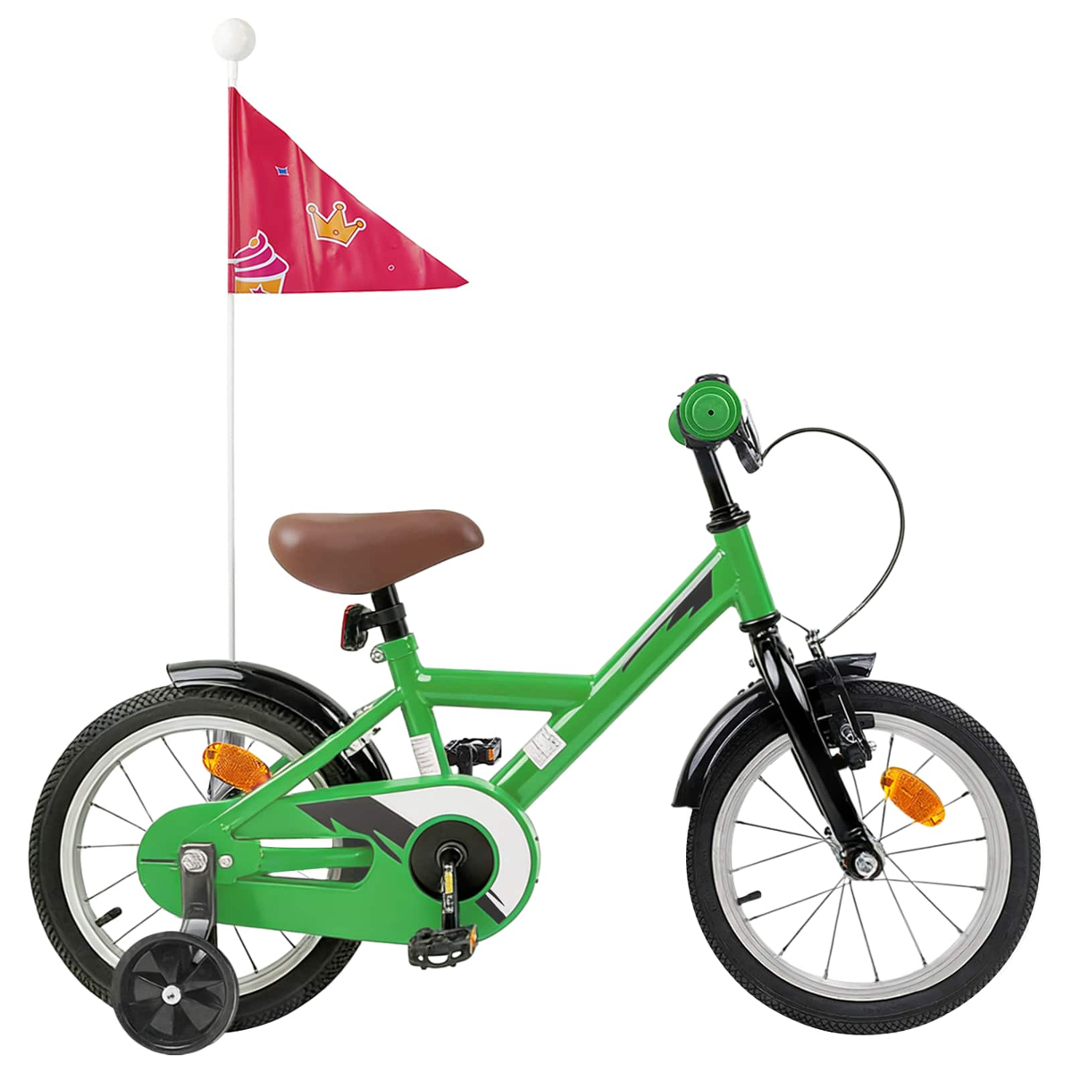 Ein grünes Kinderfahrrad mit braunem Sattel und roter Fahne mit Prinzessinnenmotiv.