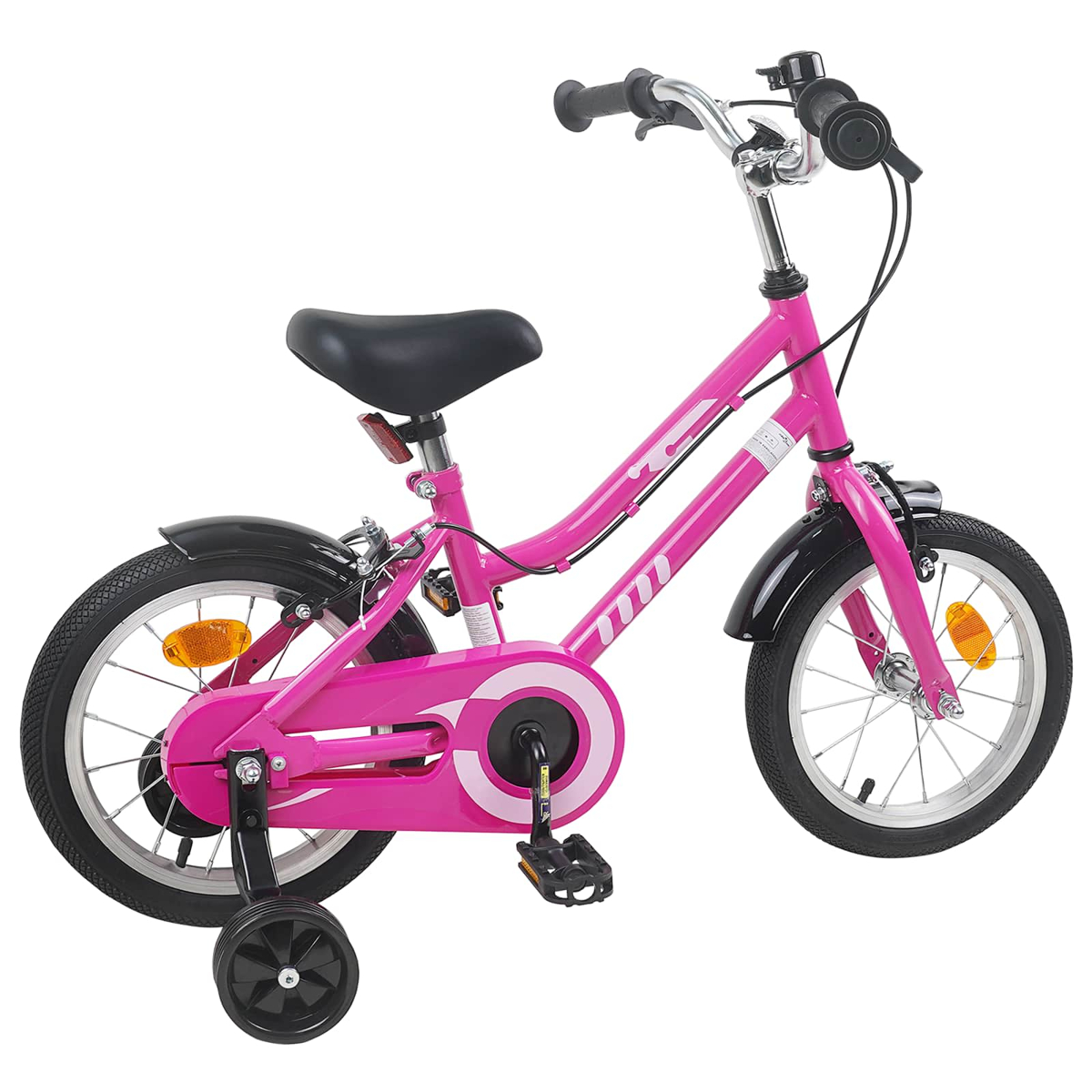 Ein pinkes Kinderfahrrad mit Stützrädern, schwarzem Sattel und Schutzblechen.