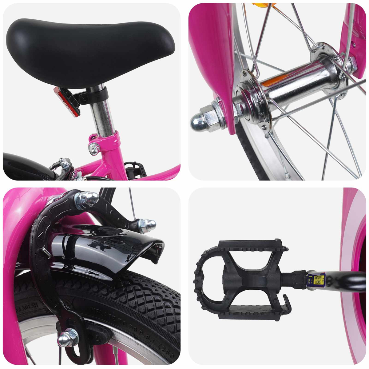 Vier Ausschnitte eines pinken Kinderfahrrads: Sattel, Vorderradnabe, Bremse, Pedal.