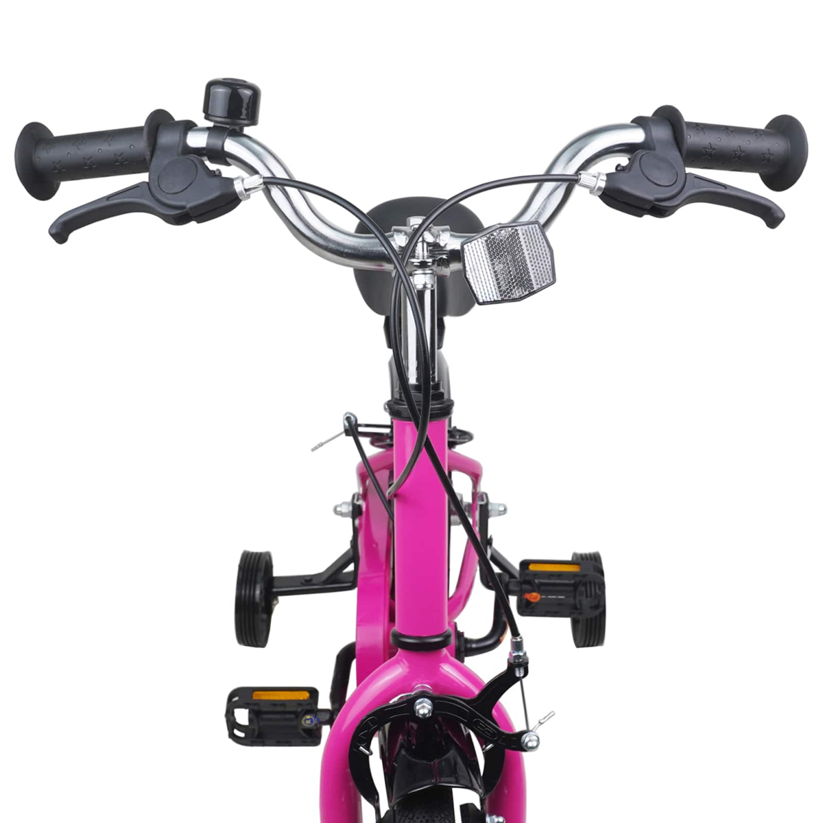 Vorderansicht eines pinken Kinderfahrrads mit Stützrädern, Lenker und Klingel.