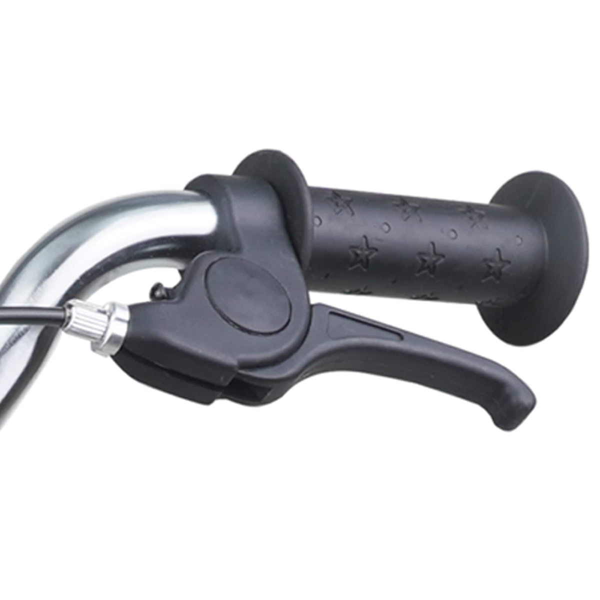 Nahaufnahme des Lenkers eines Fahrrads mit schwarzem Griff und Sternmuster.