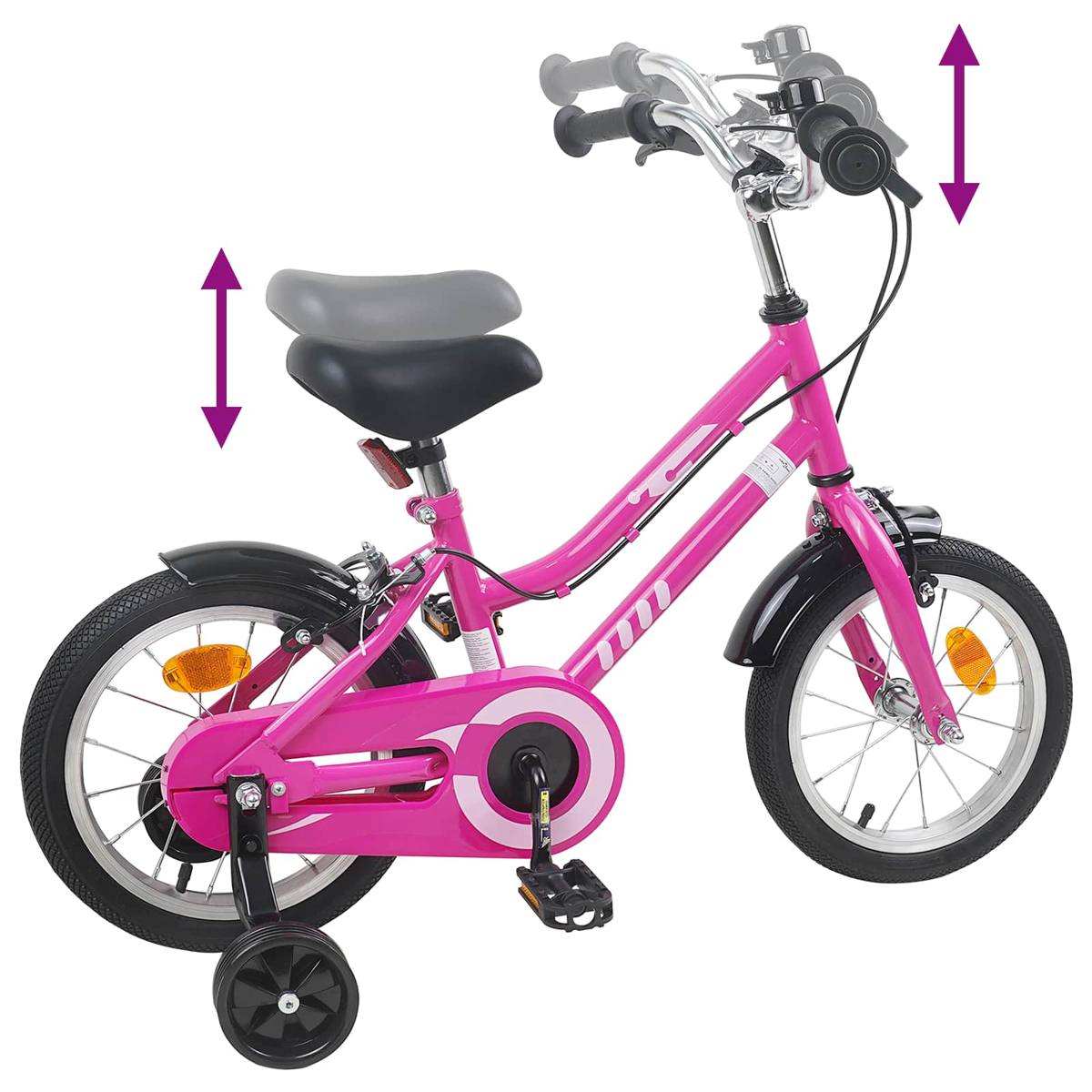 Ein pinkes Kinderfahrrad mit Stützrädern, verstellbarem Sattel und Lenker.