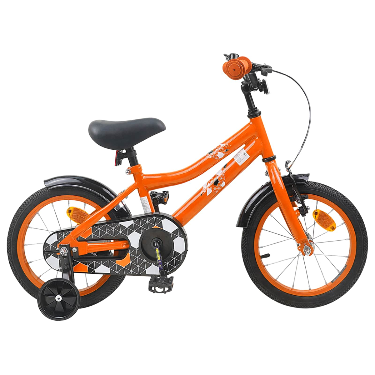 Orange Kinderfahrrad mit Stützrädern und schwarzem Sattel.