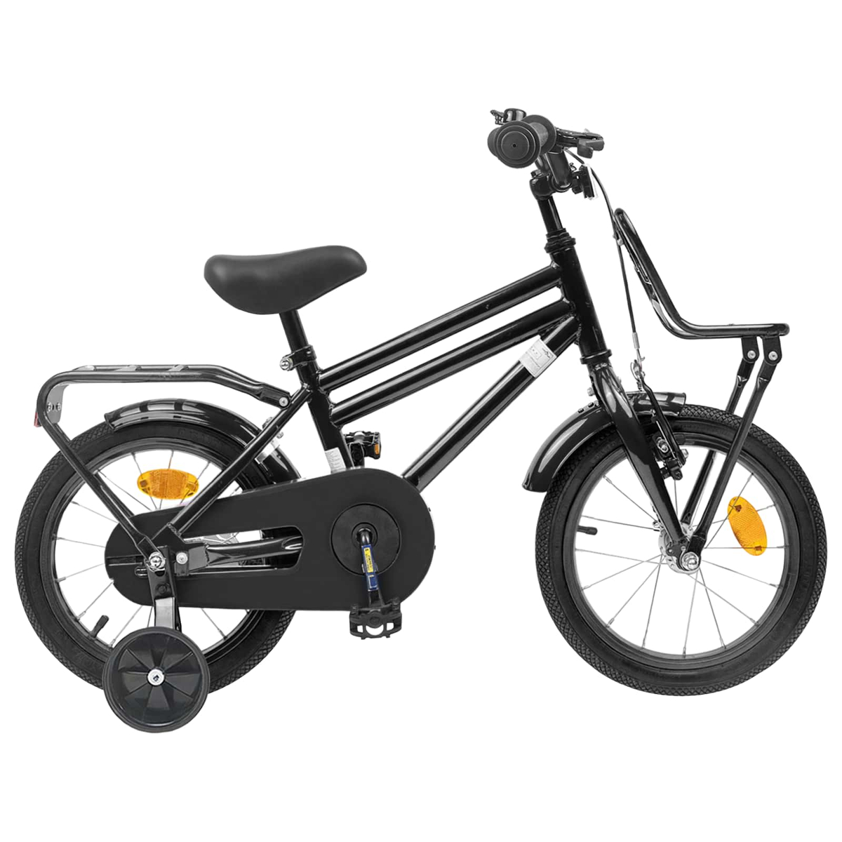 Schwarzes Kinderfahrrad mit Stützrädern, Gepäckträger und Korb.