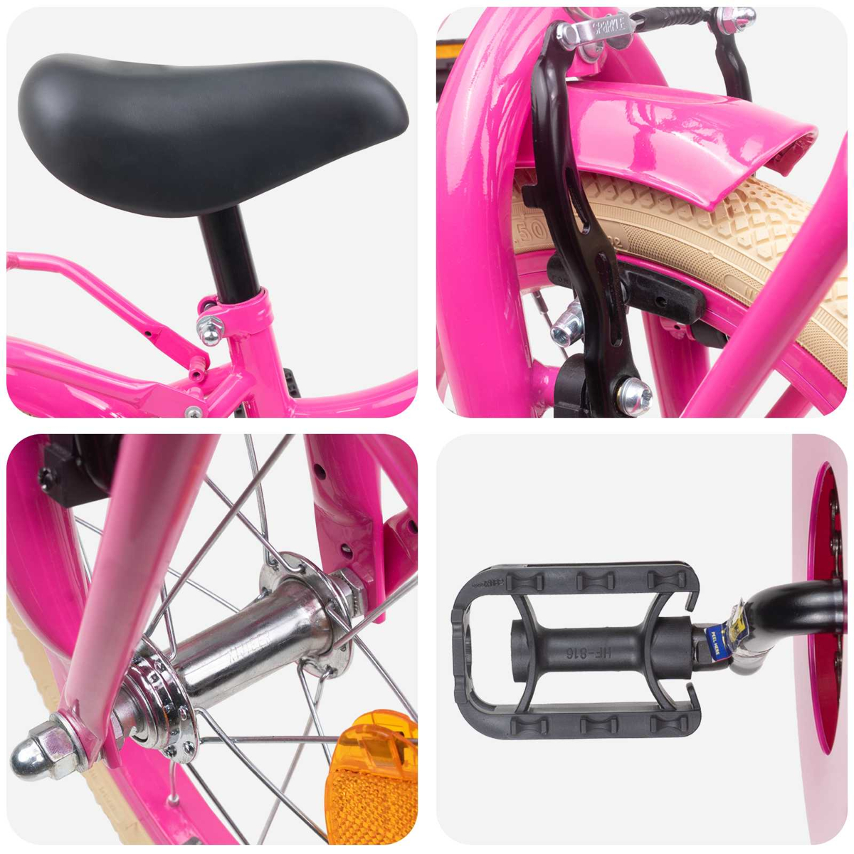 Nahaufnahme eines pinken Fahrrads: Sitz, Bremse, Radnabe und Pedal.
