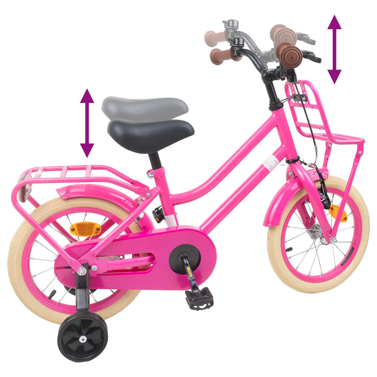 Ein pinkes Kinderfahrrad mit Stützrädern, Korb und verstellbarem Sattel.