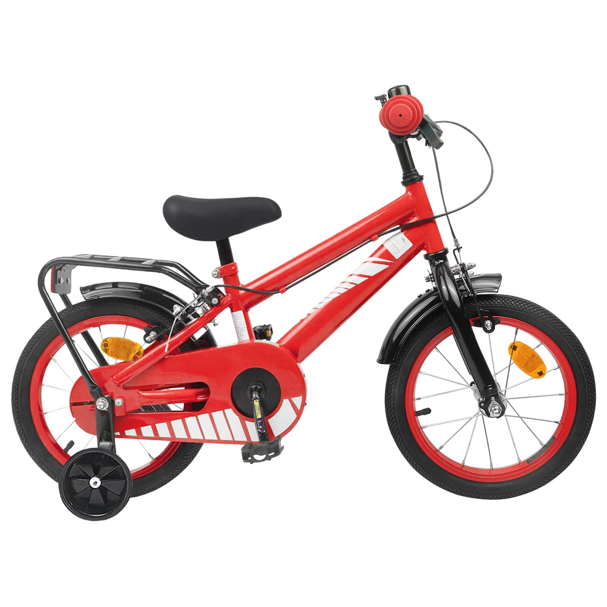Ein rotes Kinderfahrrad mit Stützrädern und Gepäckträger.
