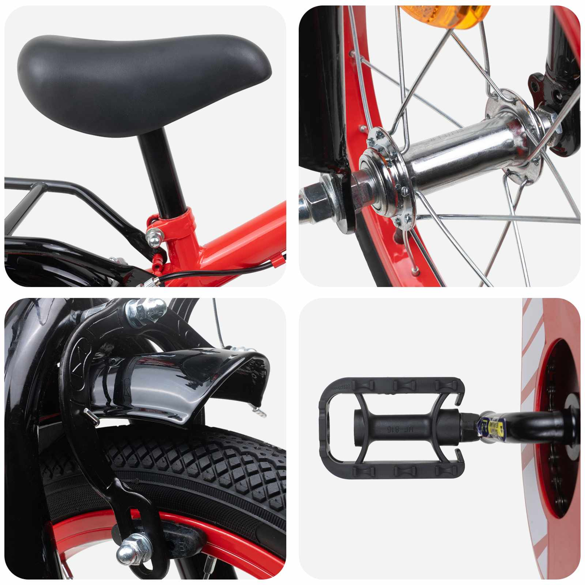 Nahaufnahmen eines roten Kinderfahrrads: Sattel, Vorderradnabe, Bremse und Pedal.