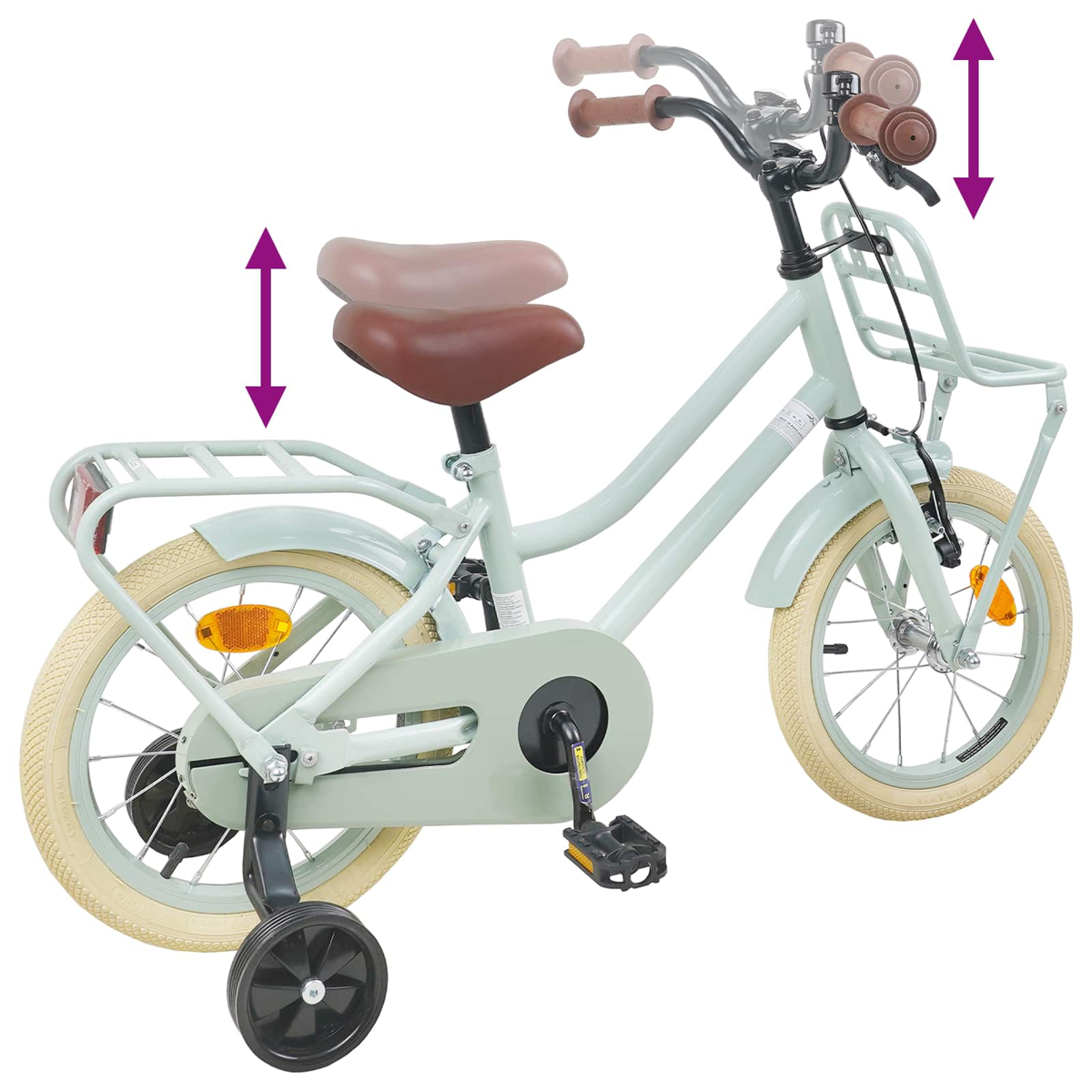 Ein mintgrünes Kinderfahrrad mit Stützrädern, braunem Sattel und Lenker.