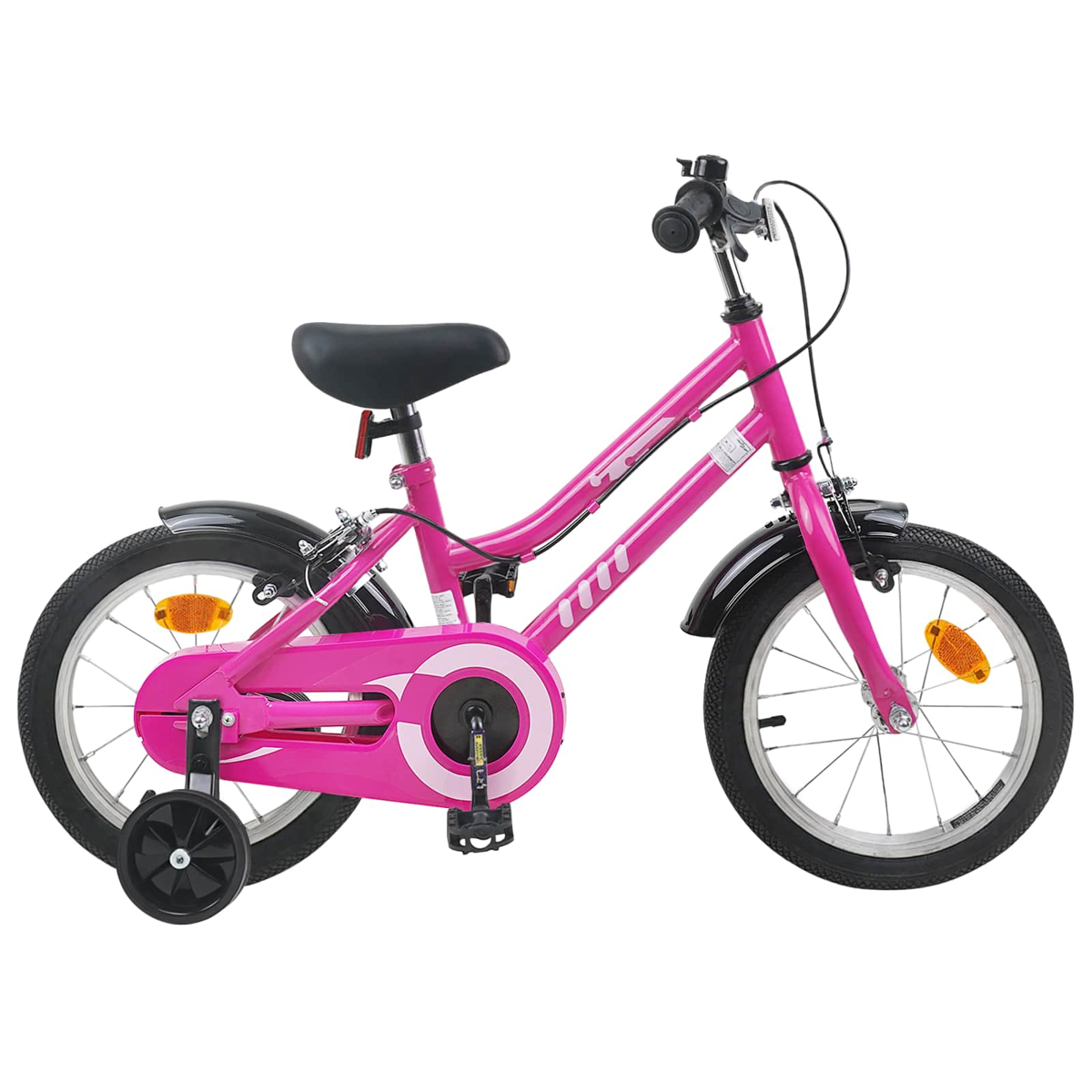 Ein rosa Kinderfahrrad mit Stützrädern, Schutzblechen und Reflektoren.