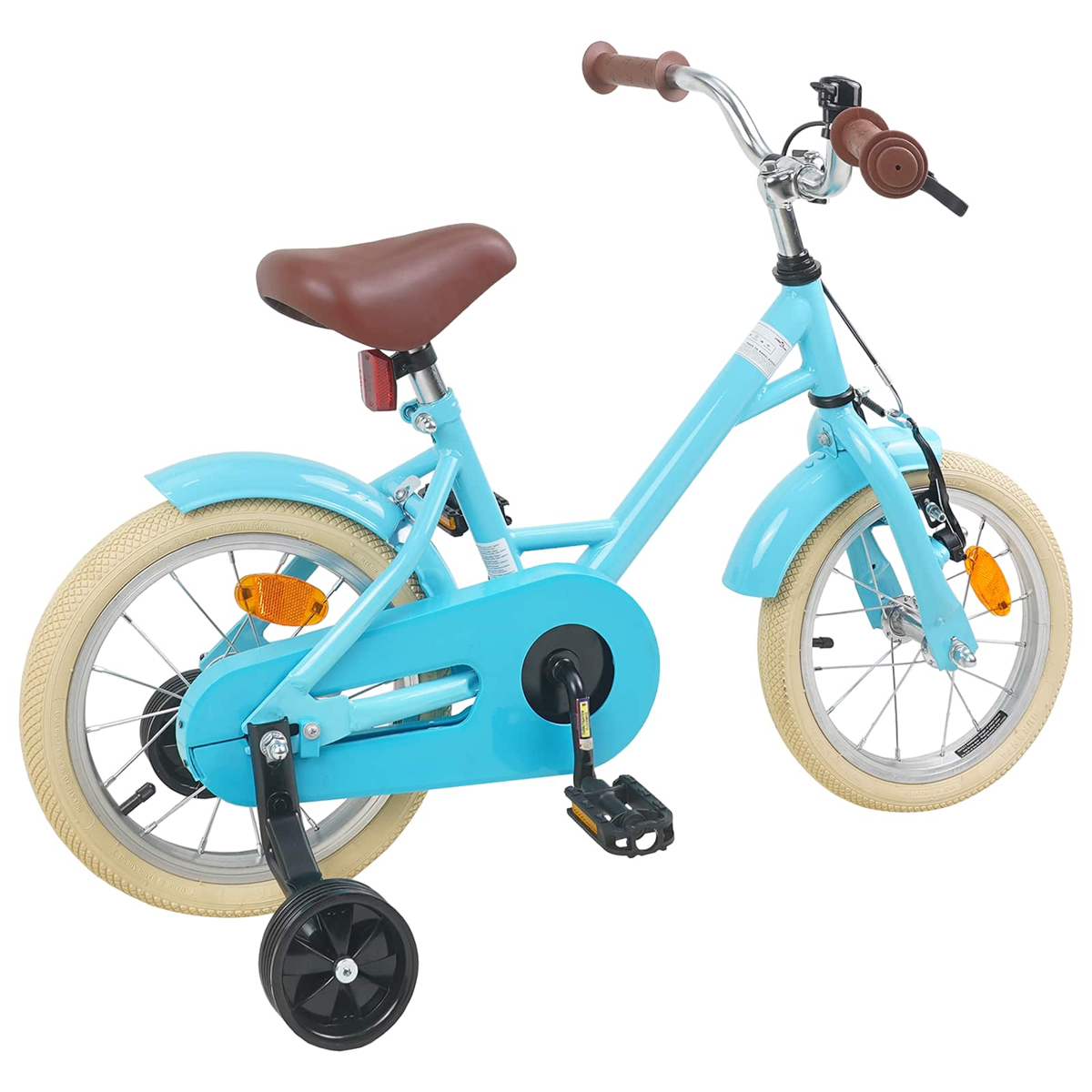 Ein blaues Kinderfahrrad mit braunem Sattel und Stützrädern.