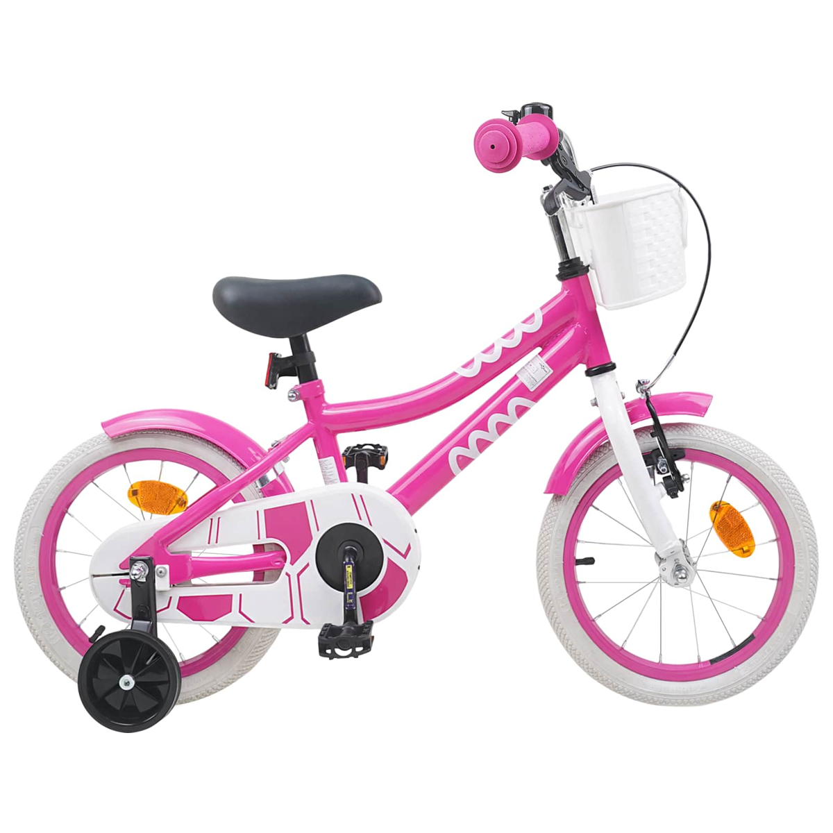 Ein pinkes Kinderfahrrad mit Stützrädern und weißem Korb.