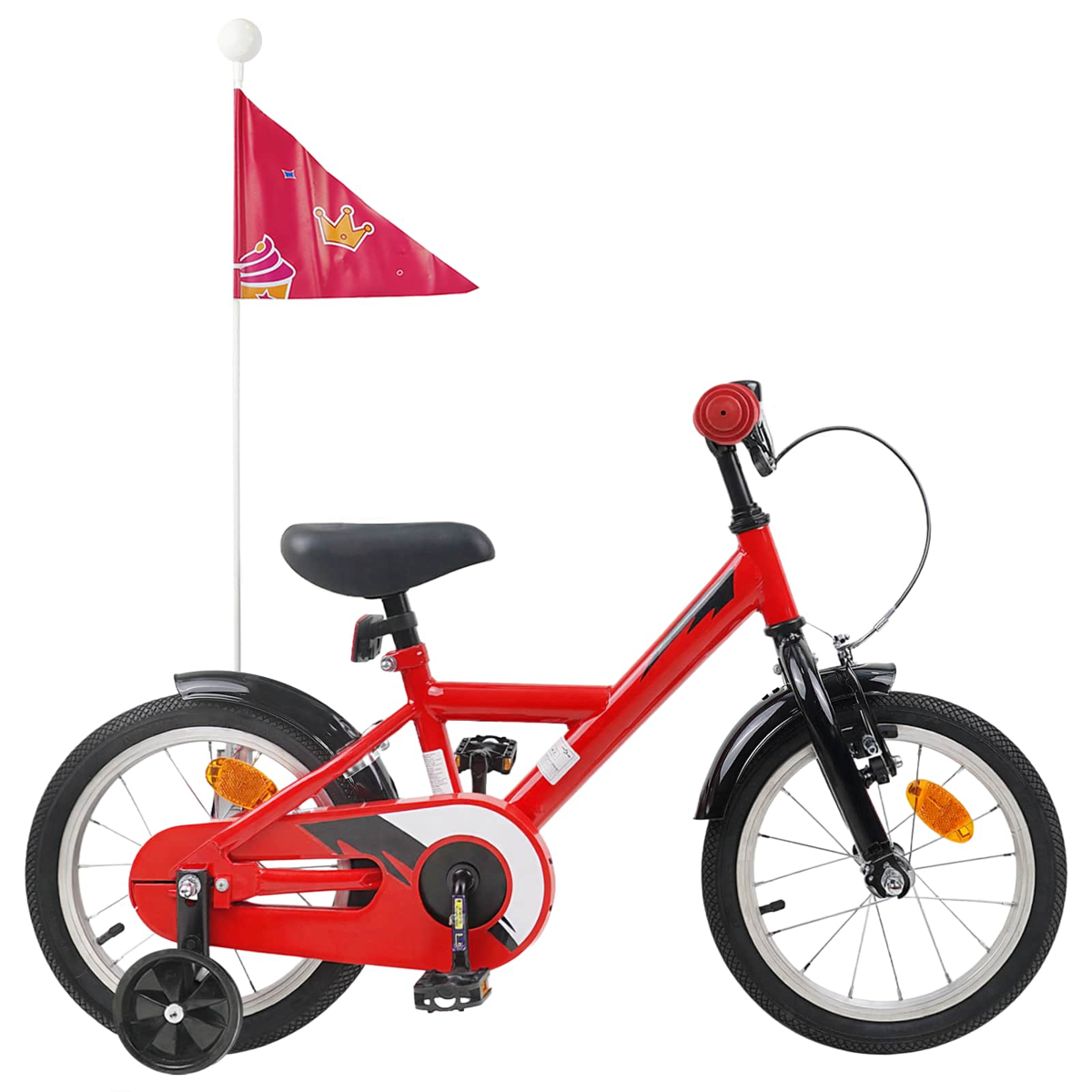 Ein rotes Kinderfahrrad mit Stützrädern und einer Fahne mit Cupcake-Motiv.